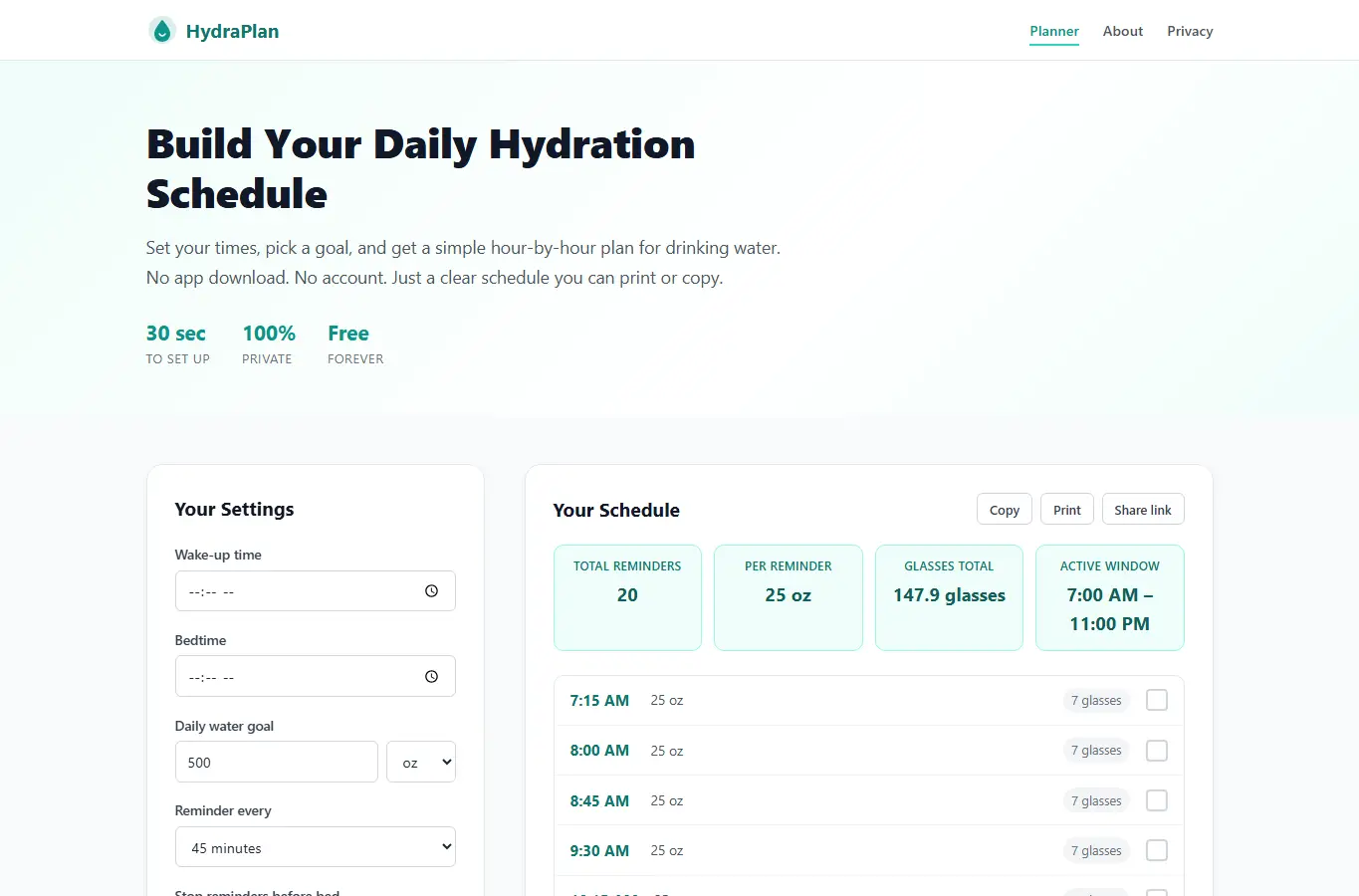 Screenshot of Hydration Reminder Schedule interface showing the project page in use